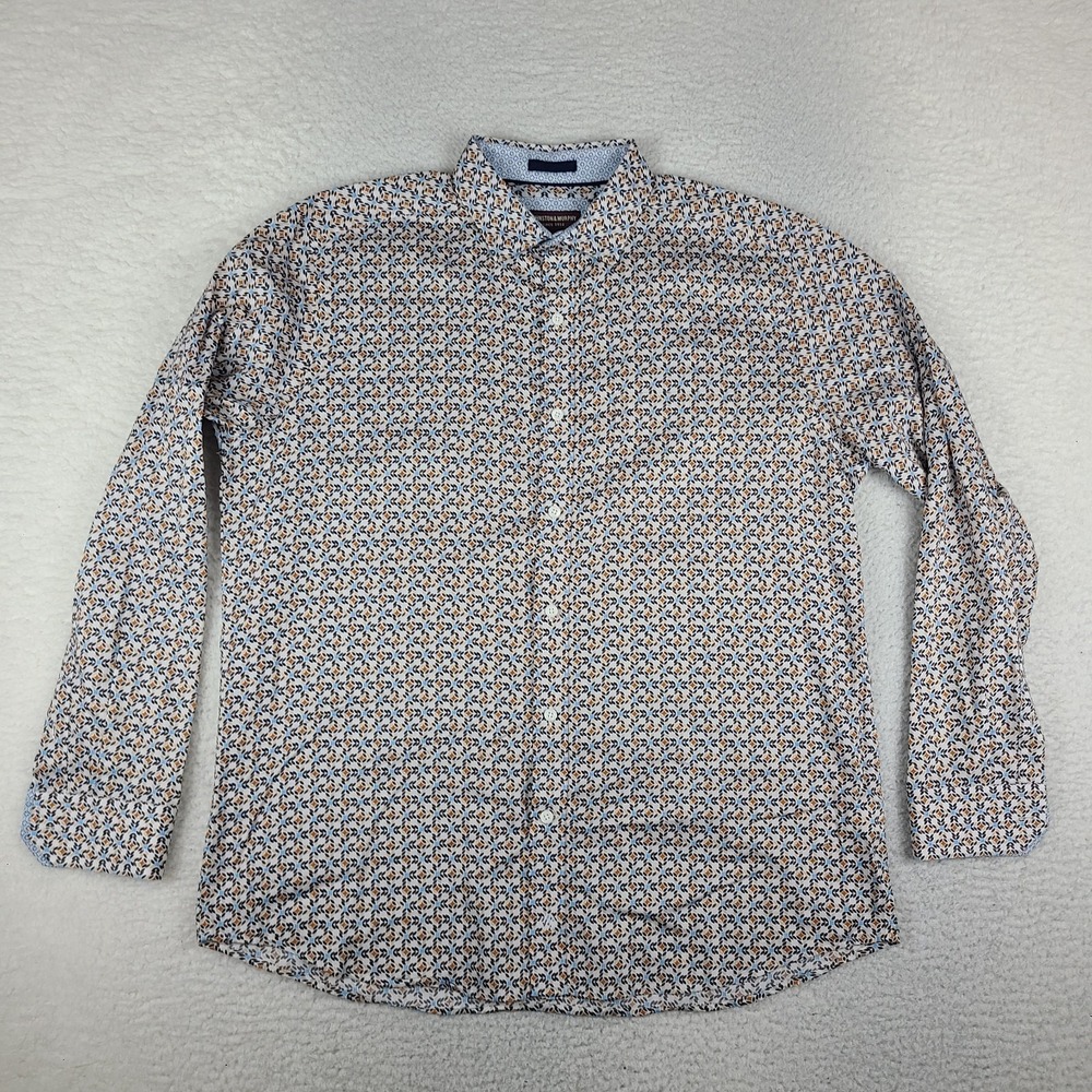 Johnston Murphy Shirt Mens Large Blue Brown Geometric Cotton Dress Button Up